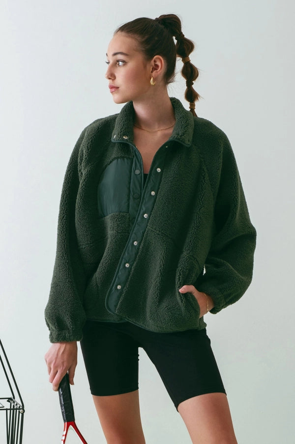 Moonchild CURVE - Hunter Green Solid Snap Button Fleece Jacket