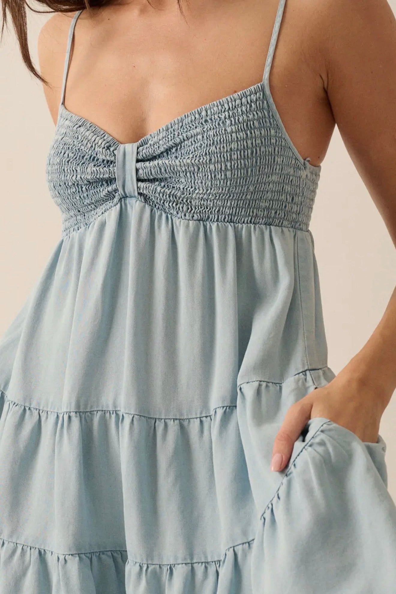 Solid Denim Smocked Romper