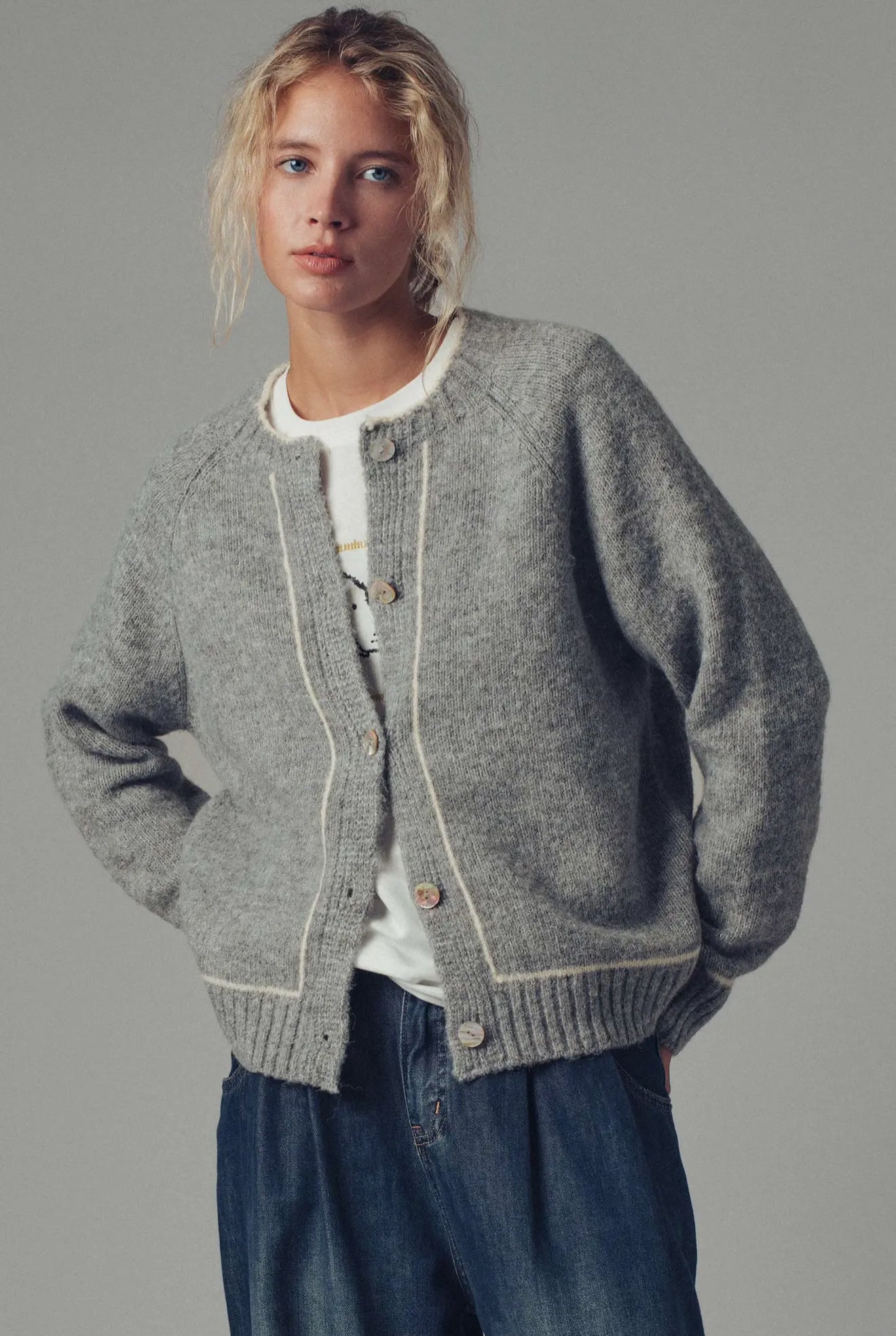 Grey Knit Button Cardigan