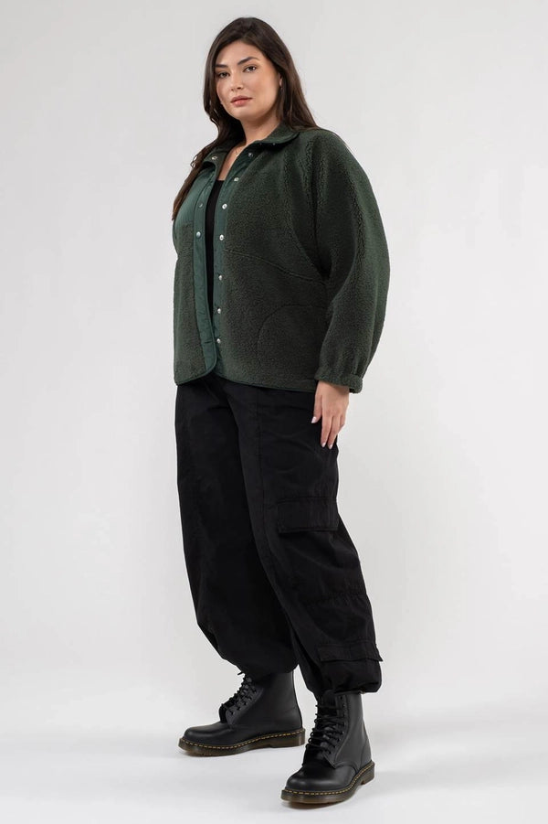 Moonchild CURVE - Hunter Green Solid Snap Button Fleece Jacket