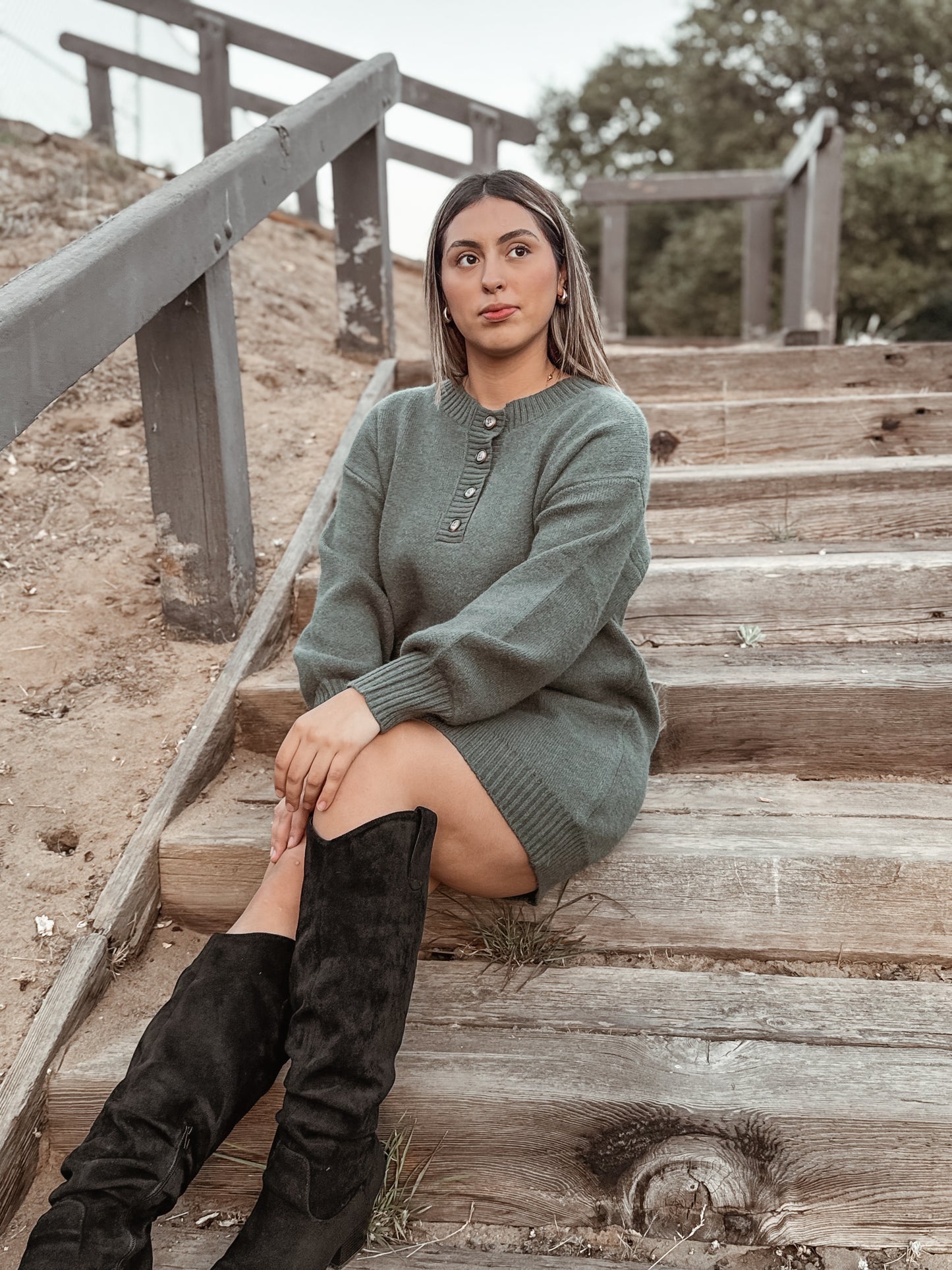 Half Button Sweater Dress - Hunter Green