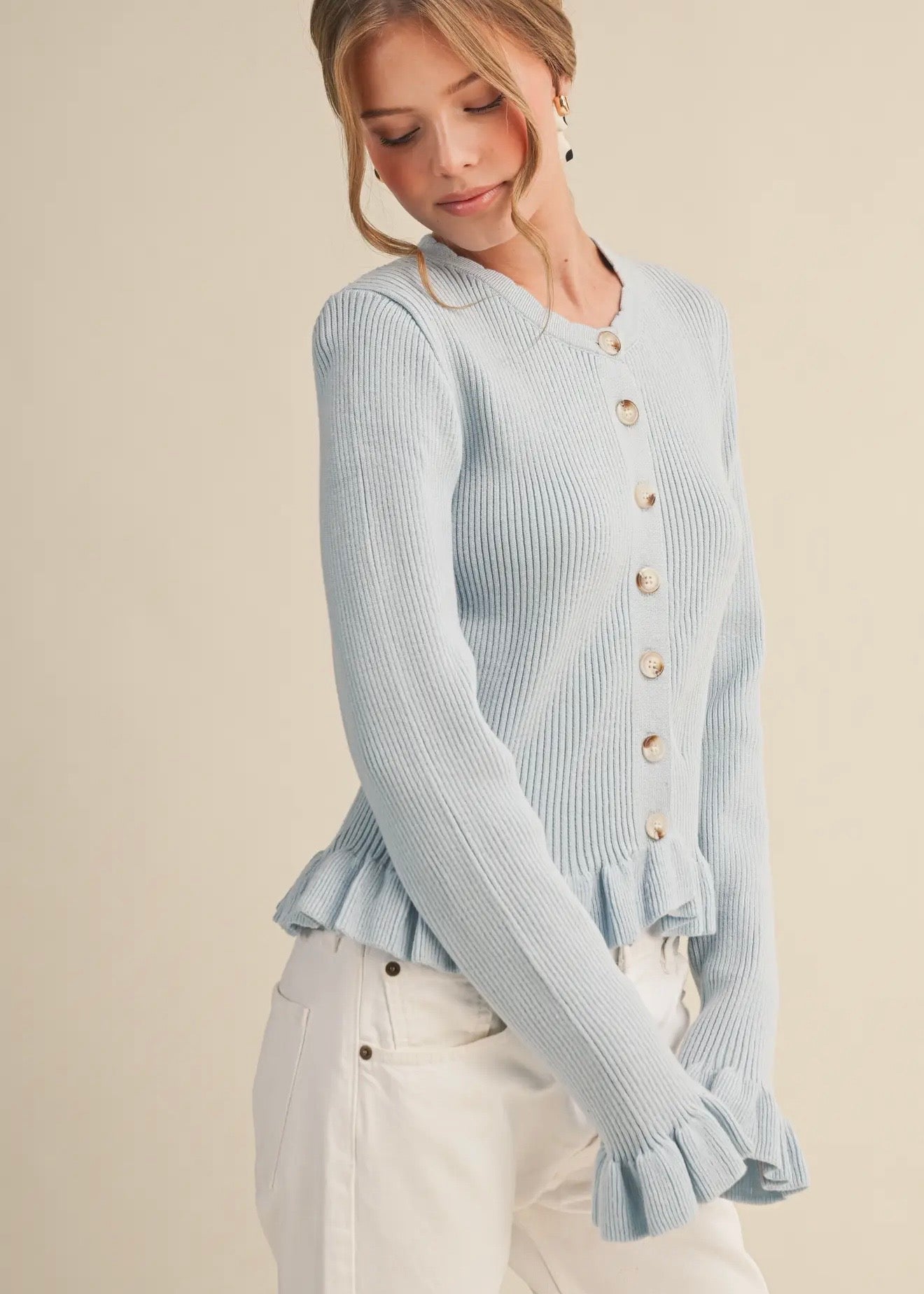 Ruffled Hem Button Cardigan - Pastel Blue