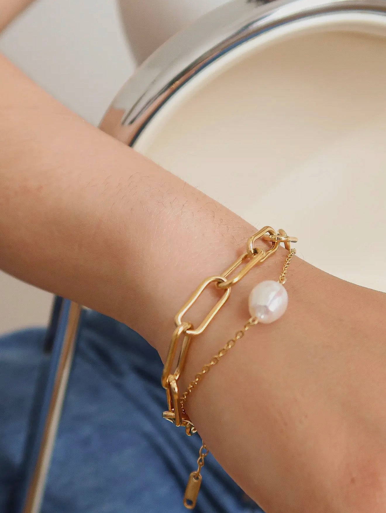Stacked Chain Pearl Bracelet