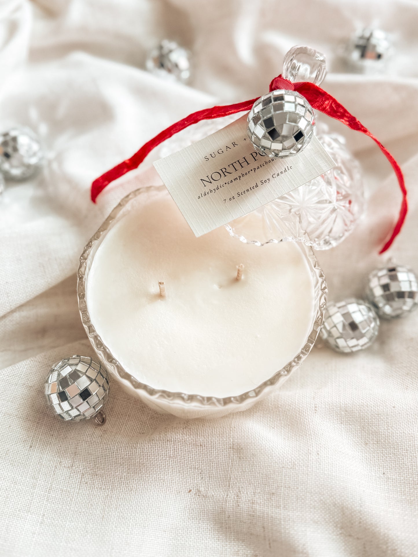 North Pole Glass Ornament Candle