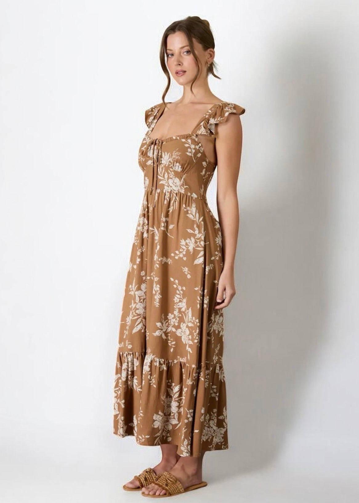 Floral Front Tie Ruffle Midi Dress