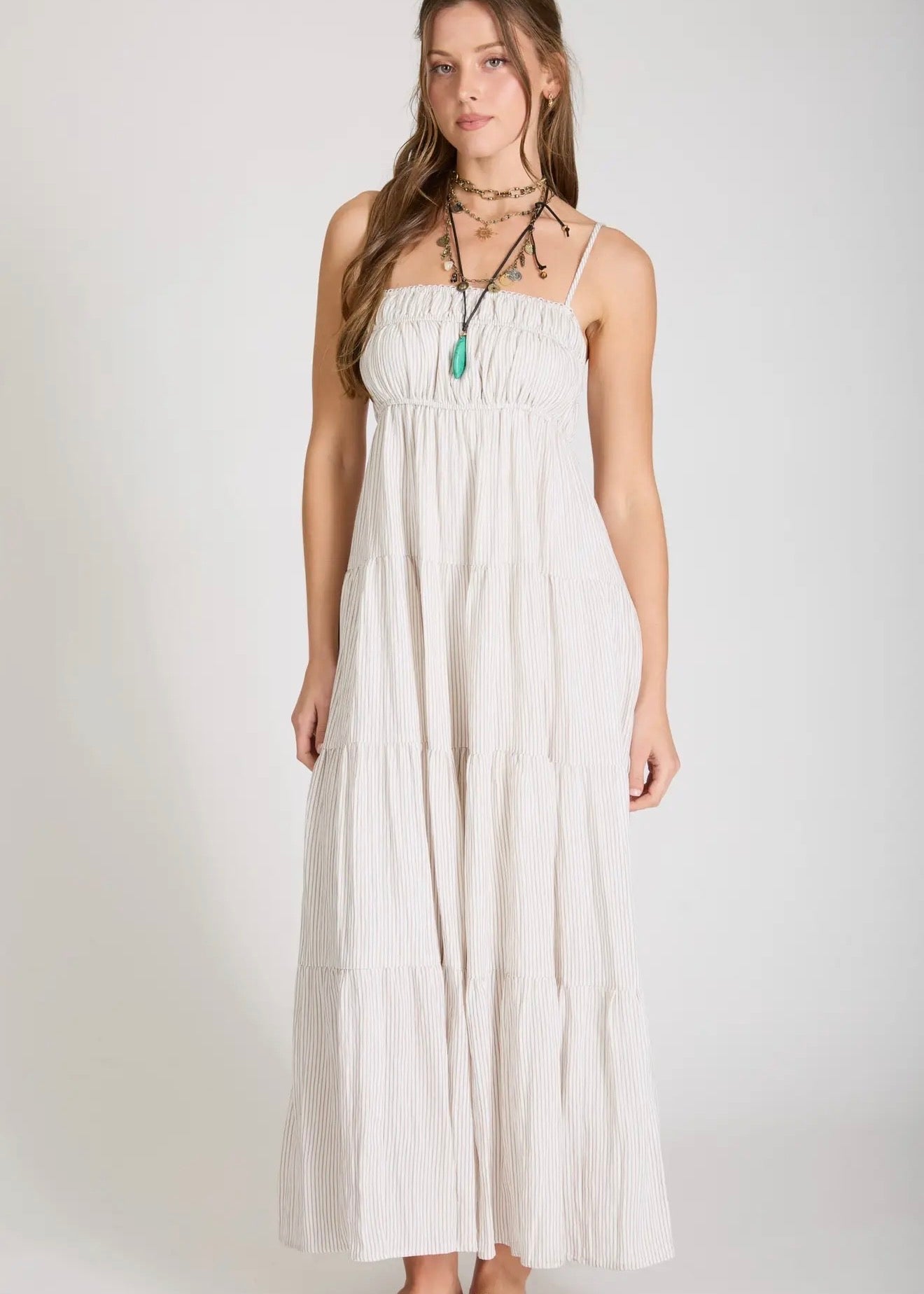 Stripe Shirred Empire Waist Midi Dress