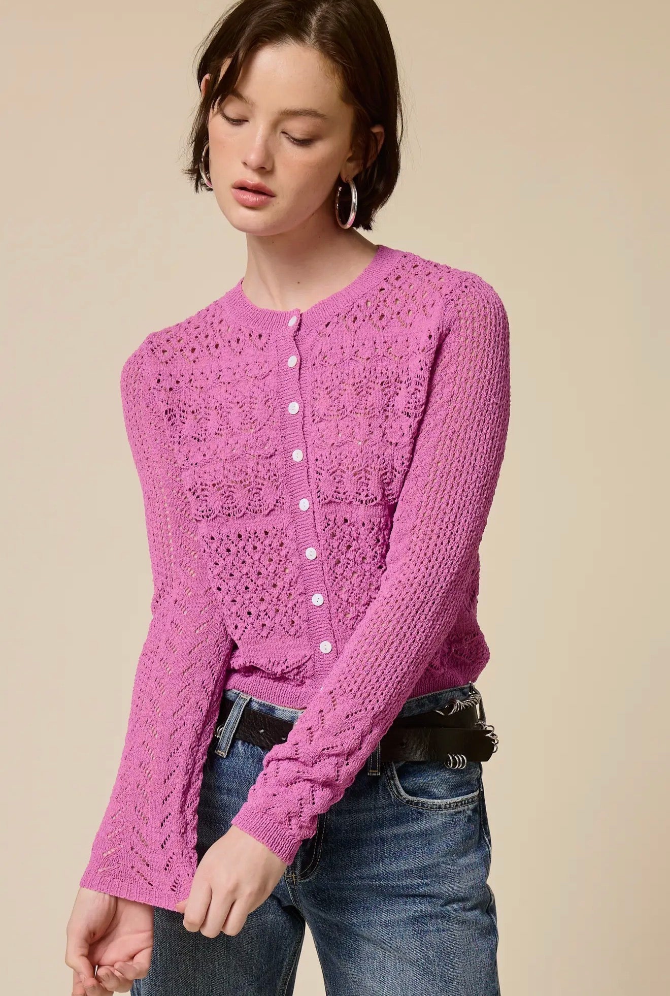 Open Knit Button Up Cardigan