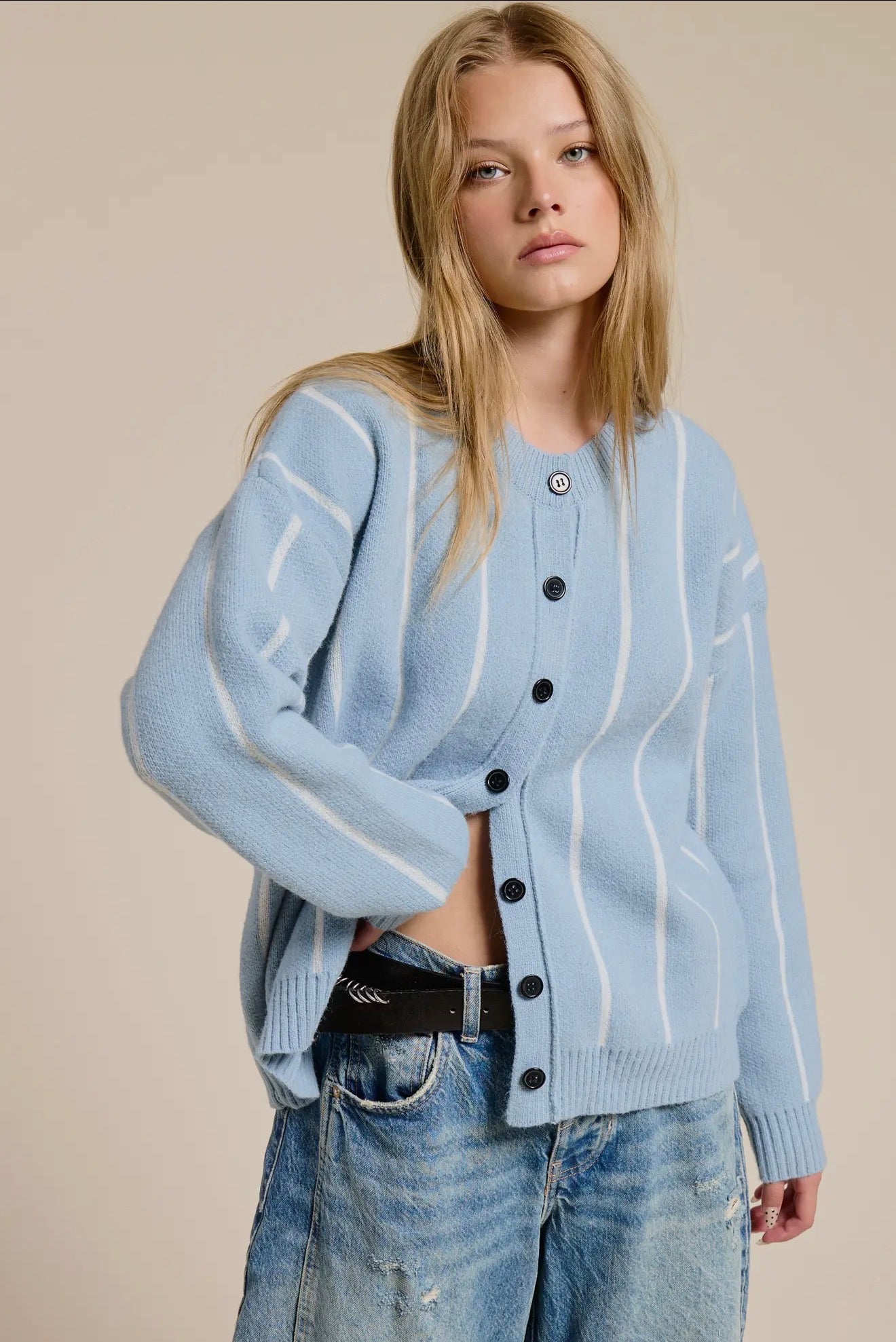 Vertical Stripe Button-Up Cardigan