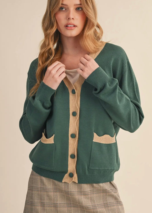 Scalloped Cardigan - Hunter Green