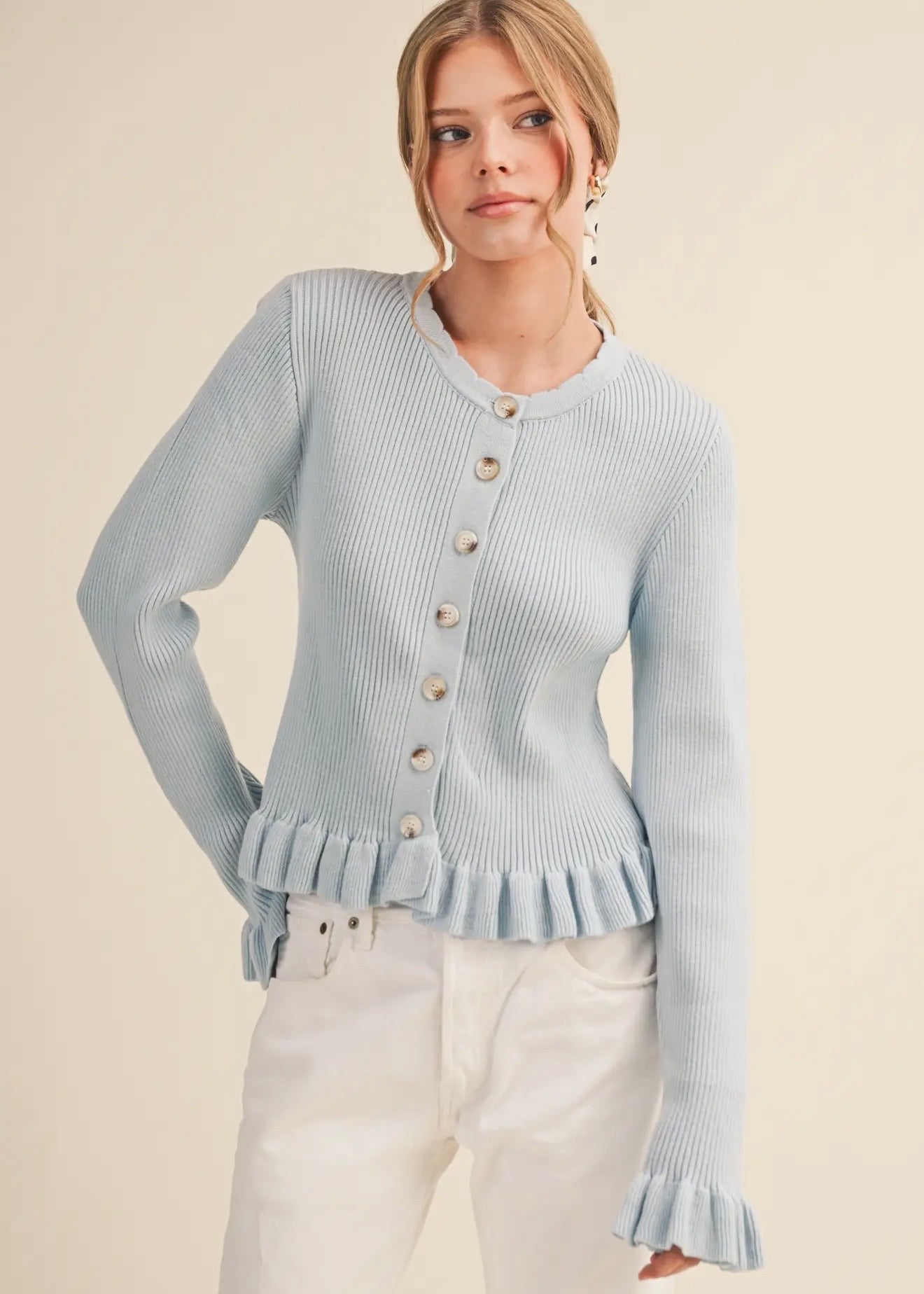 Ruffled Hem Button Cardigan - Pastel Blue