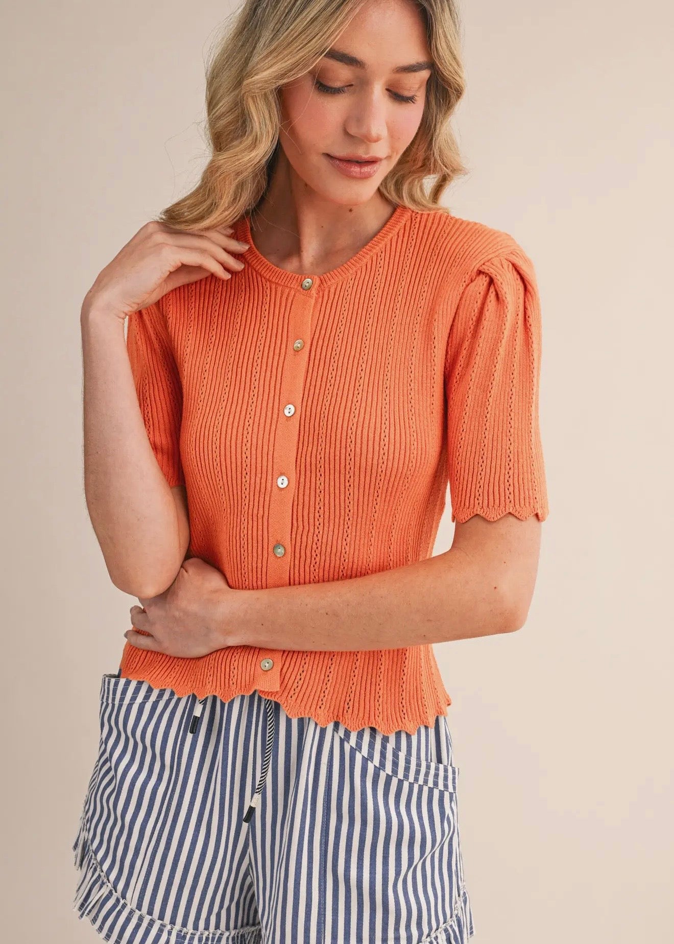 Pointelle Short Sleeve Cardigan