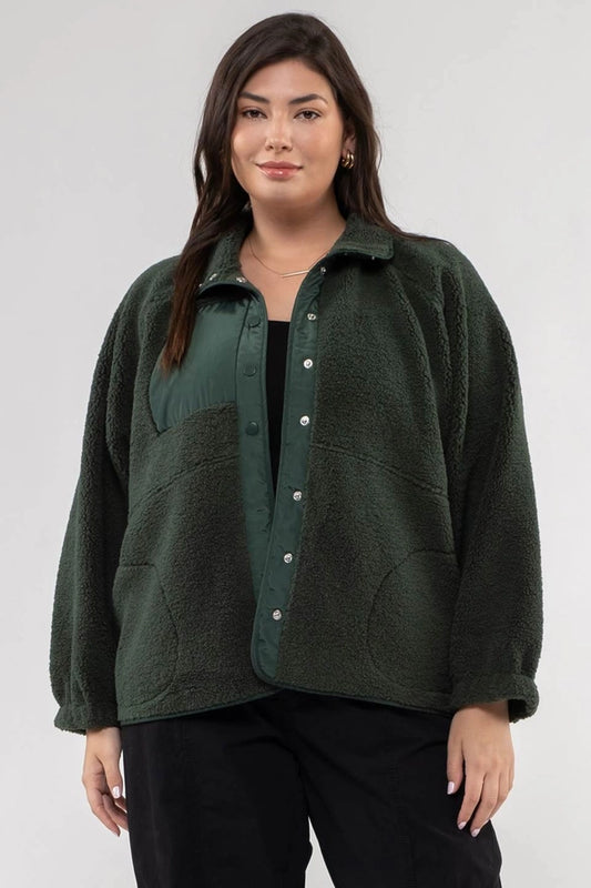 Moonchild CURVE - Hunter Green Solid Snap Button Fleece Jacket