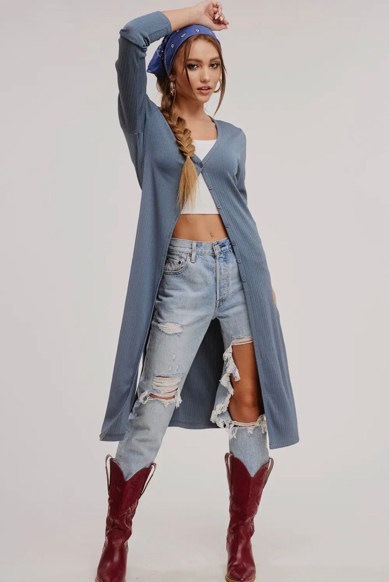 Lightweight Long Button-Down Cardigan - Blue