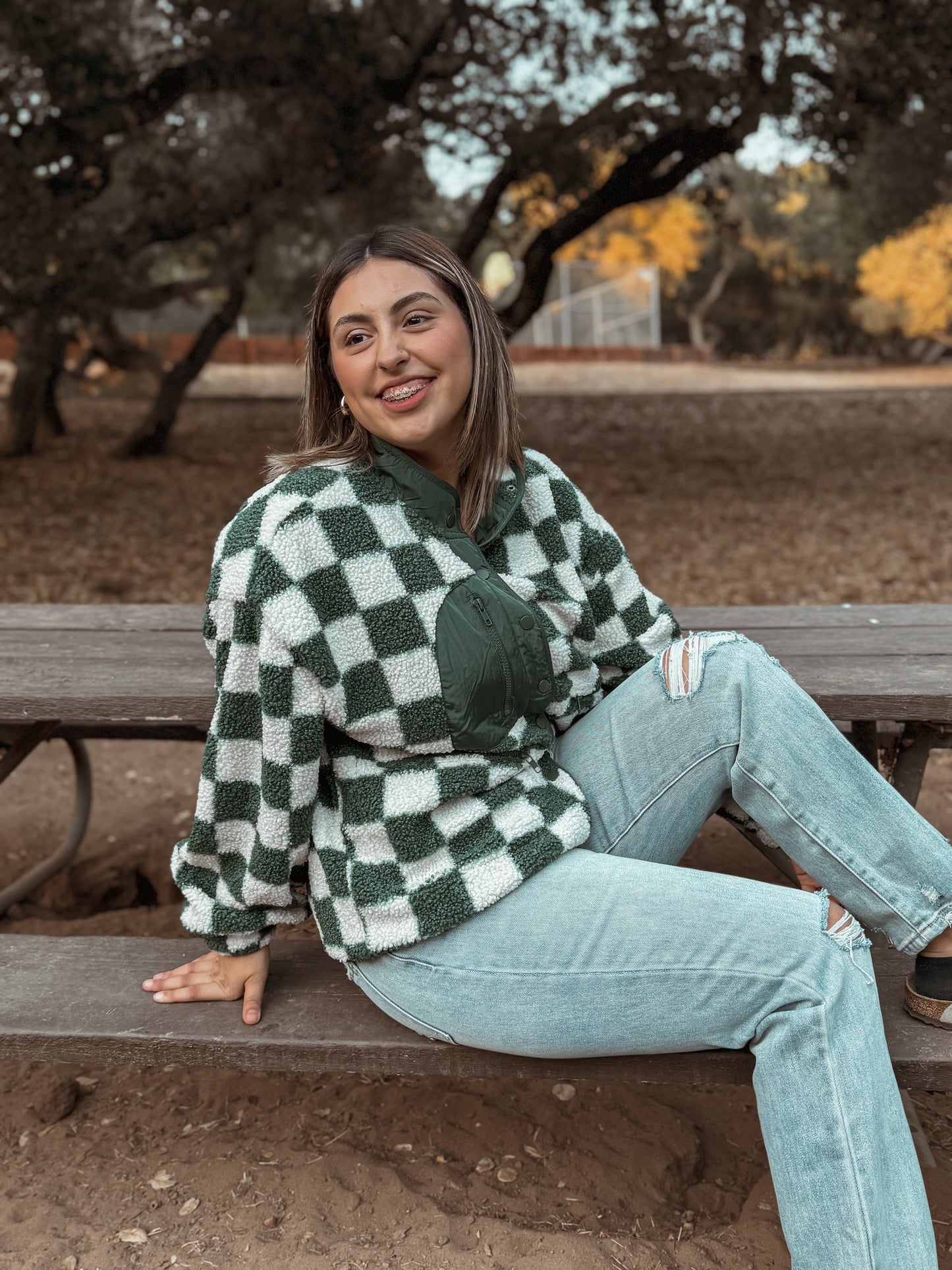 Checkered Snap Button Fleece - Green