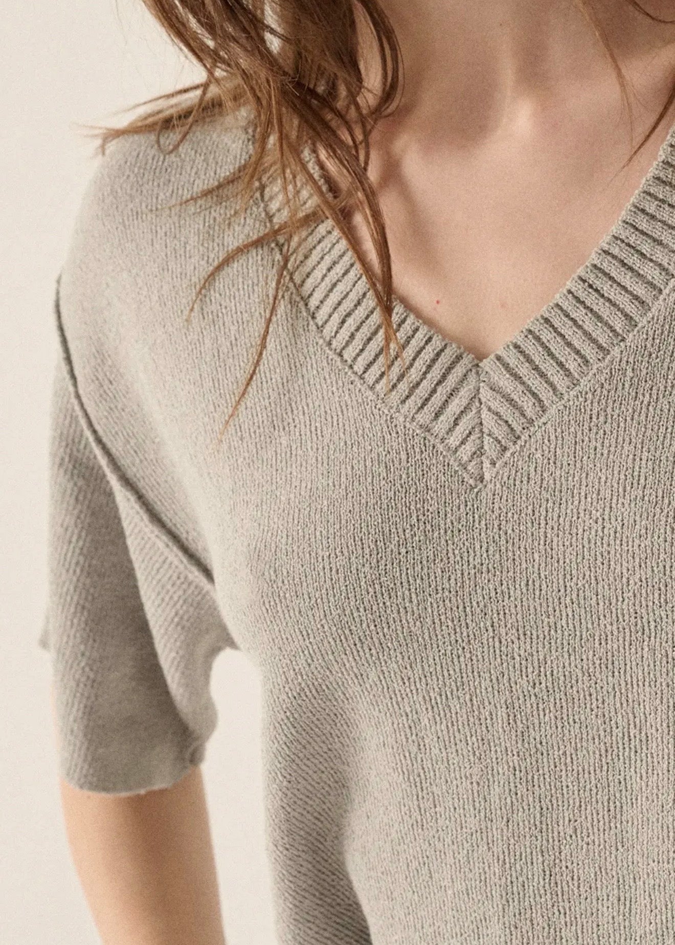 Solid V Neck Short Sleeve Knit Sweater
