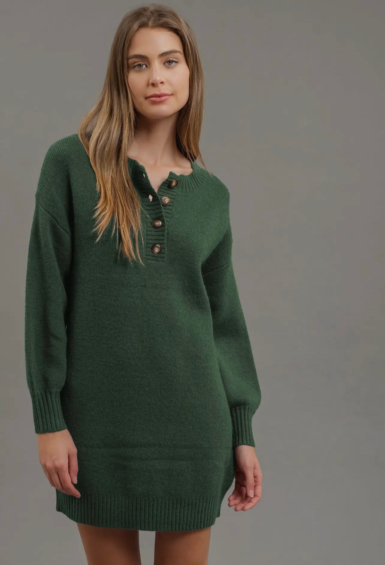 Half Button Sweater Dress - Hunter Green