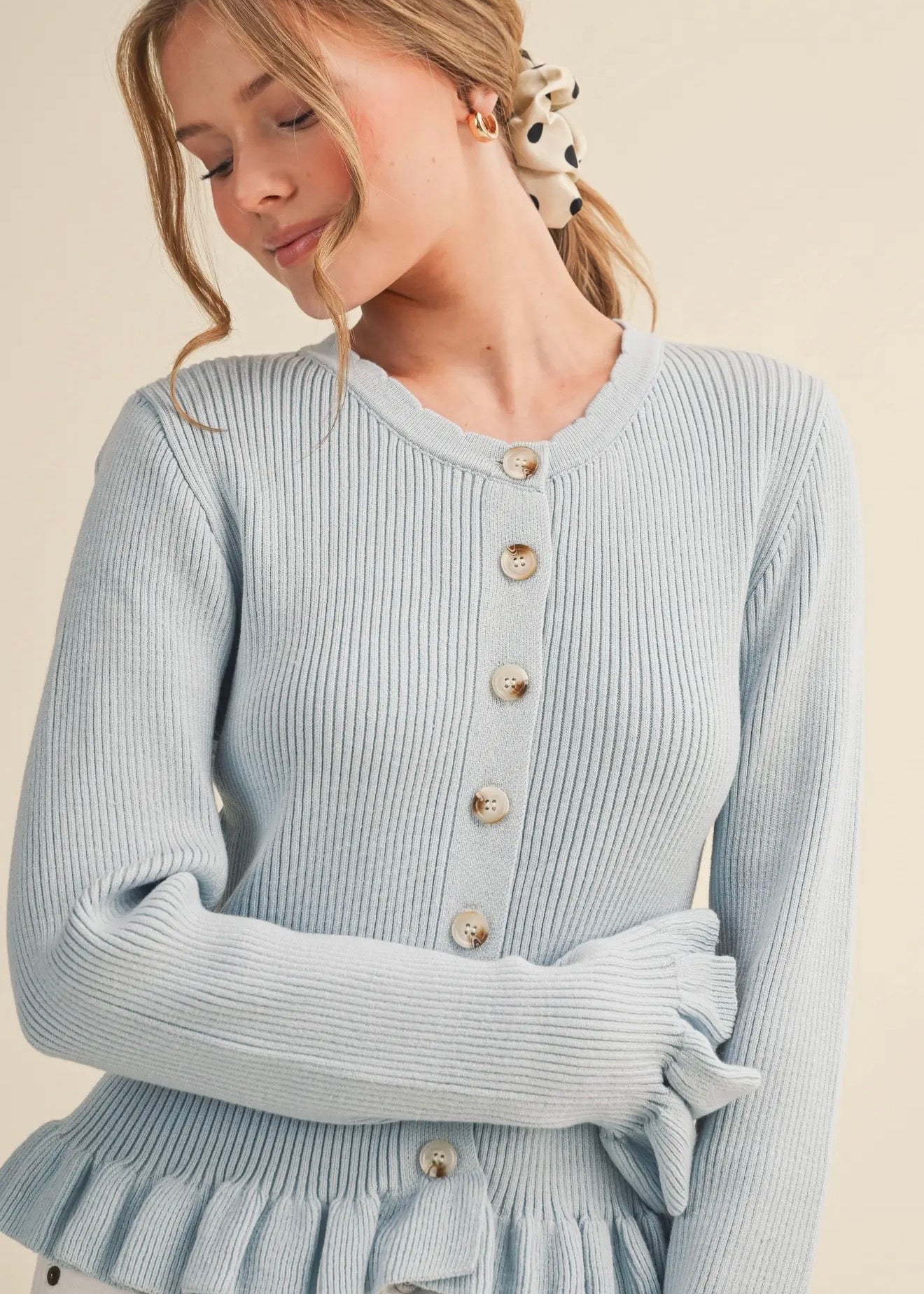Ruffled Hem Button Cardigan - Pastel Blue