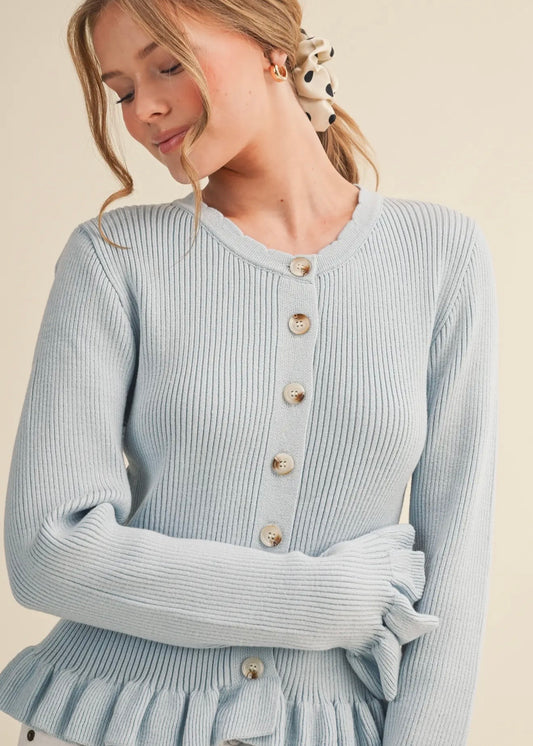 Ruffled Hem Button Cardigan - Pastel Blue