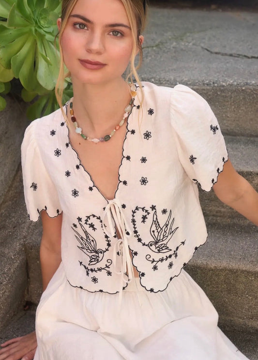 Bird Embroidery Tie Top