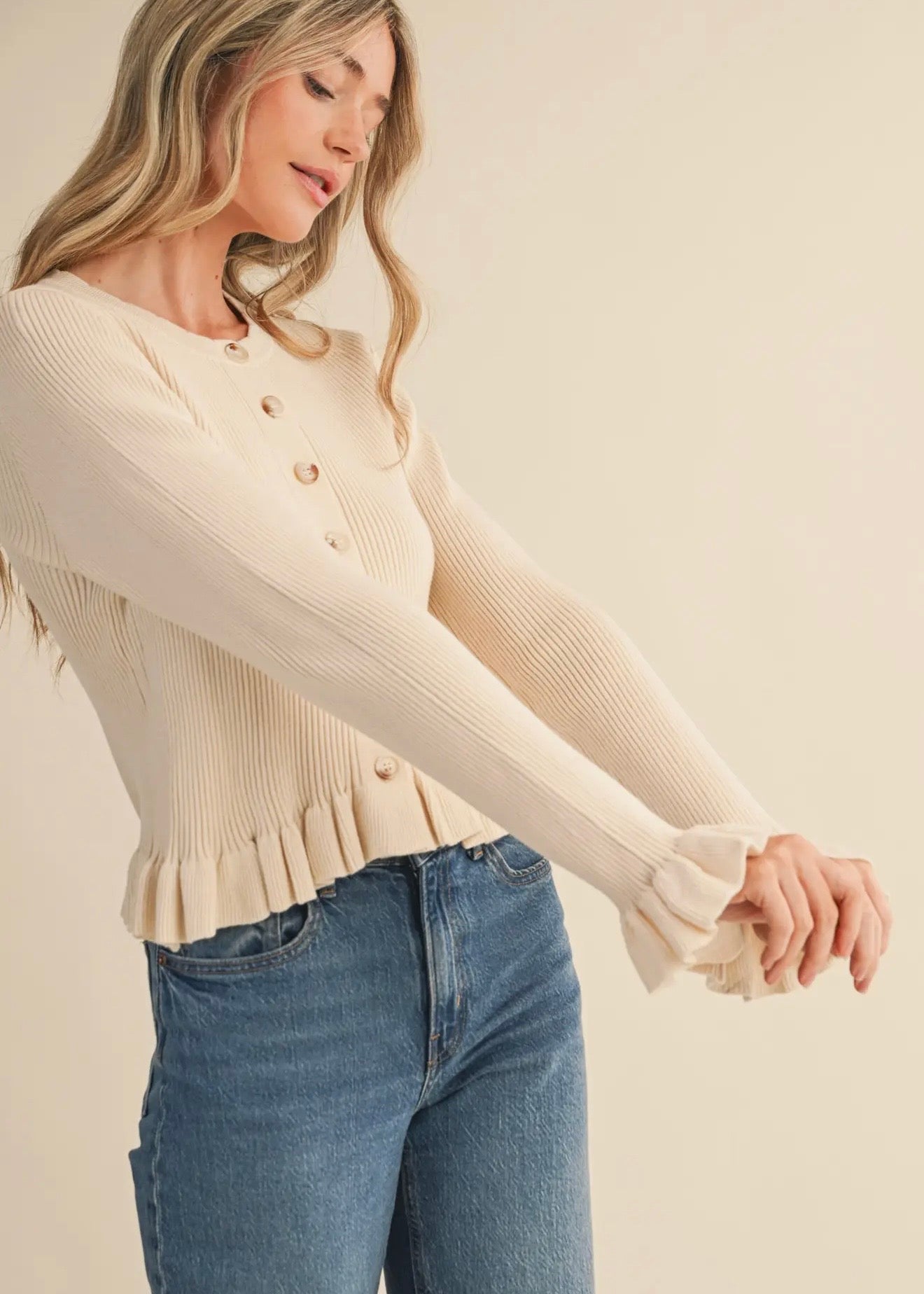 Ruffled Hem Button Cardigan - eggshell