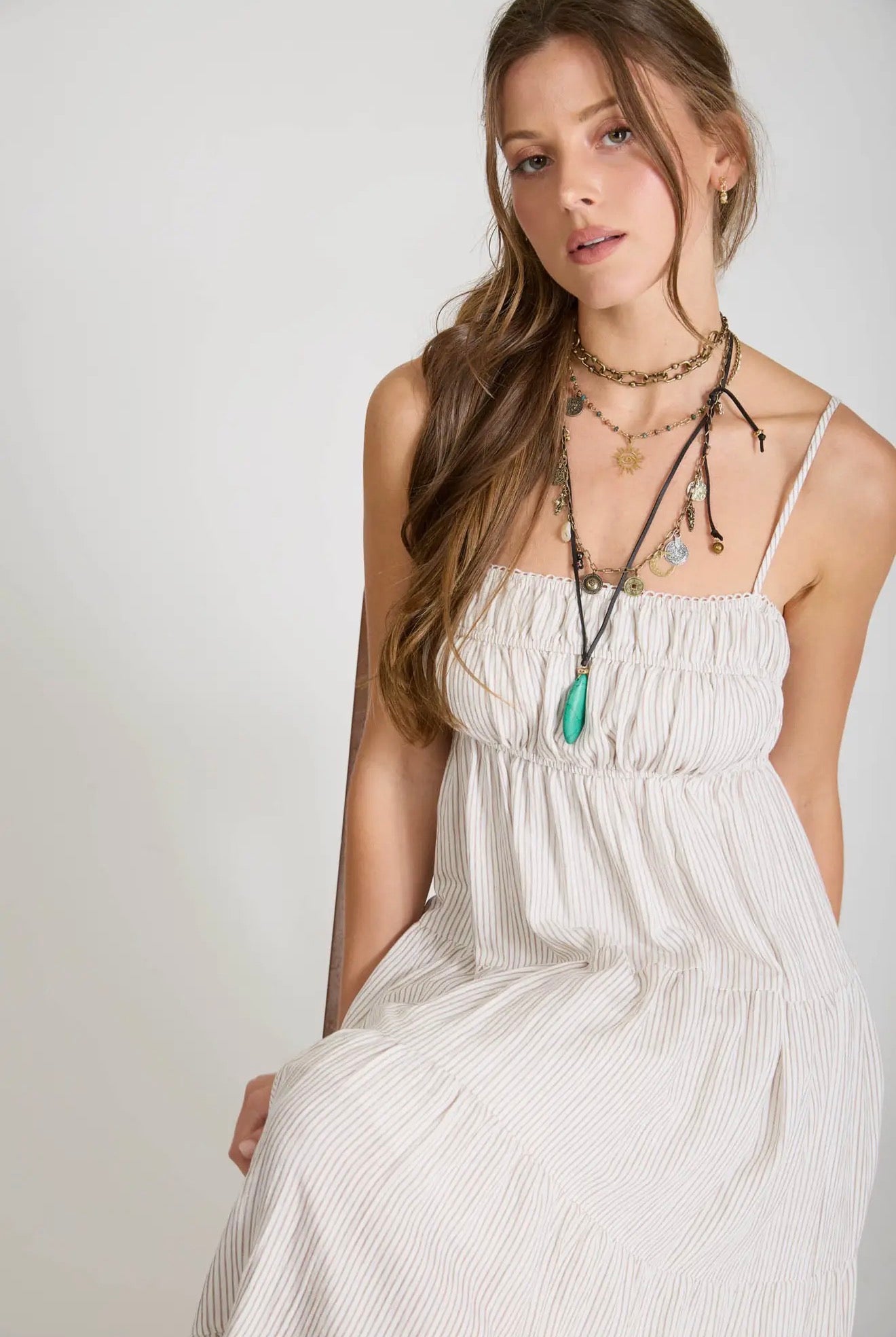 Stripe Shirred Empire Waist Midi Dress