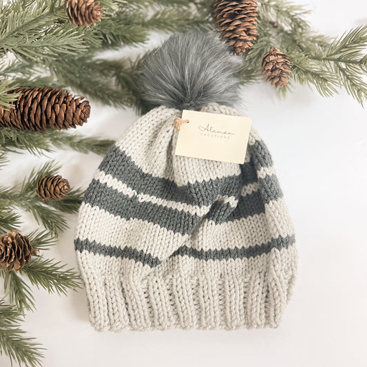 Aleman Creations - Knit Beanie - Gray Striped